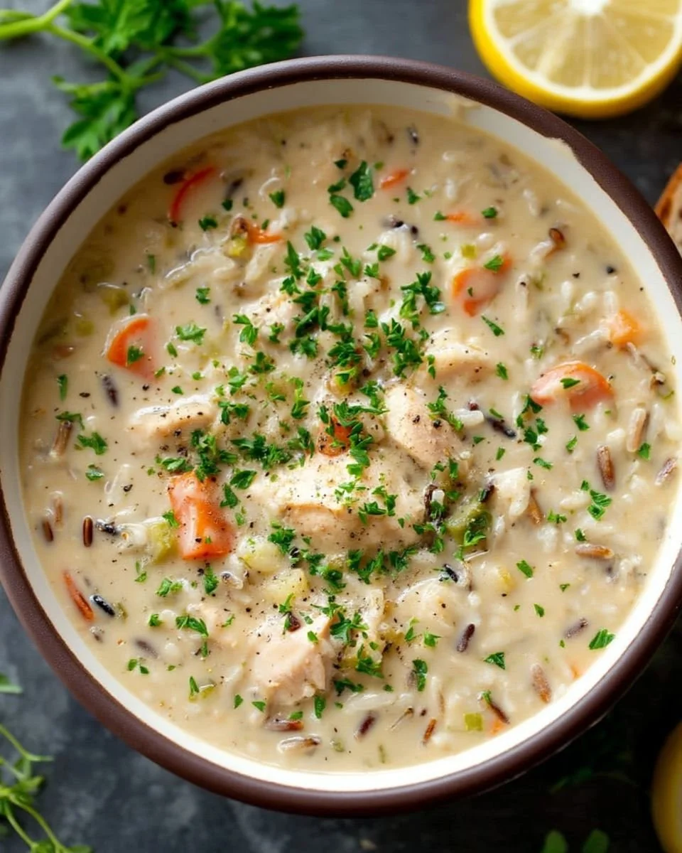 Creamy chicken and wild rice soup in a bowl garnished with herbs