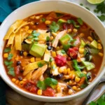 Delicious homemade Chicken Tortilla Soup garnished with tortilla strips and avocado.