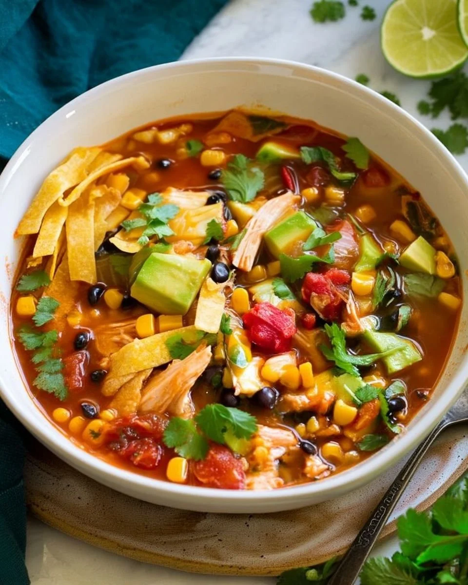Delicious homemade Chicken Tortilla Soup garnished with tortilla strips and avocado.