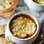 Bowl of classic French onion soup topped with melted cheese and bread