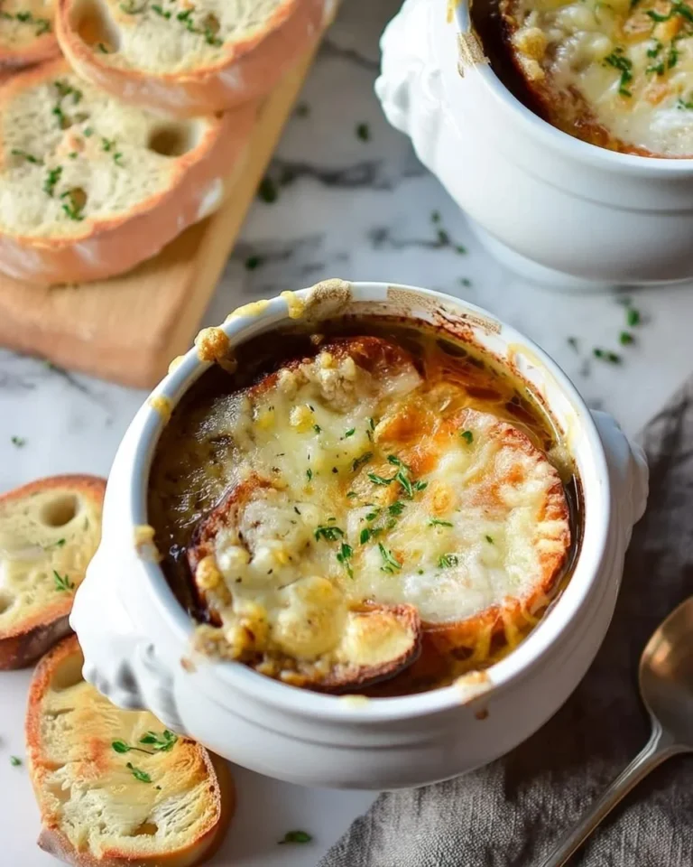 Bowl of classic French onion soup topped with melted cheese and bread