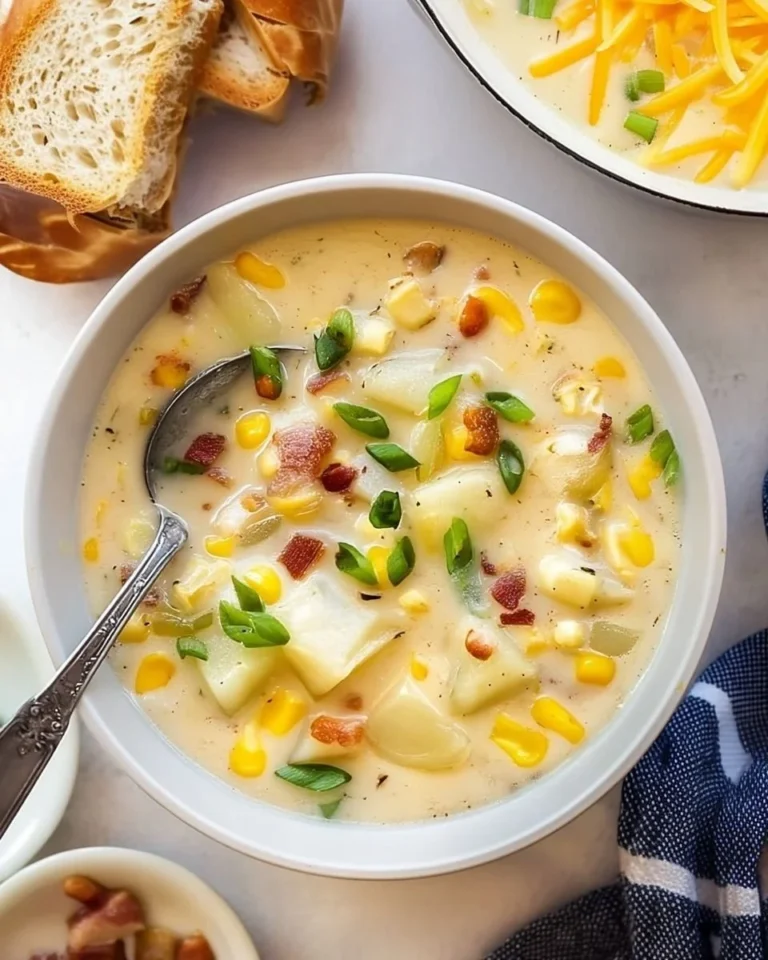 Bowl of creamy Corn Potato Chowder with fresh ingredients