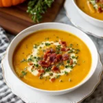Bowl of creamy butternut squash soup topped with herbs and spices