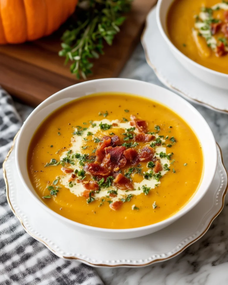 Bowl of creamy butternut squash soup topped with herbs and spices