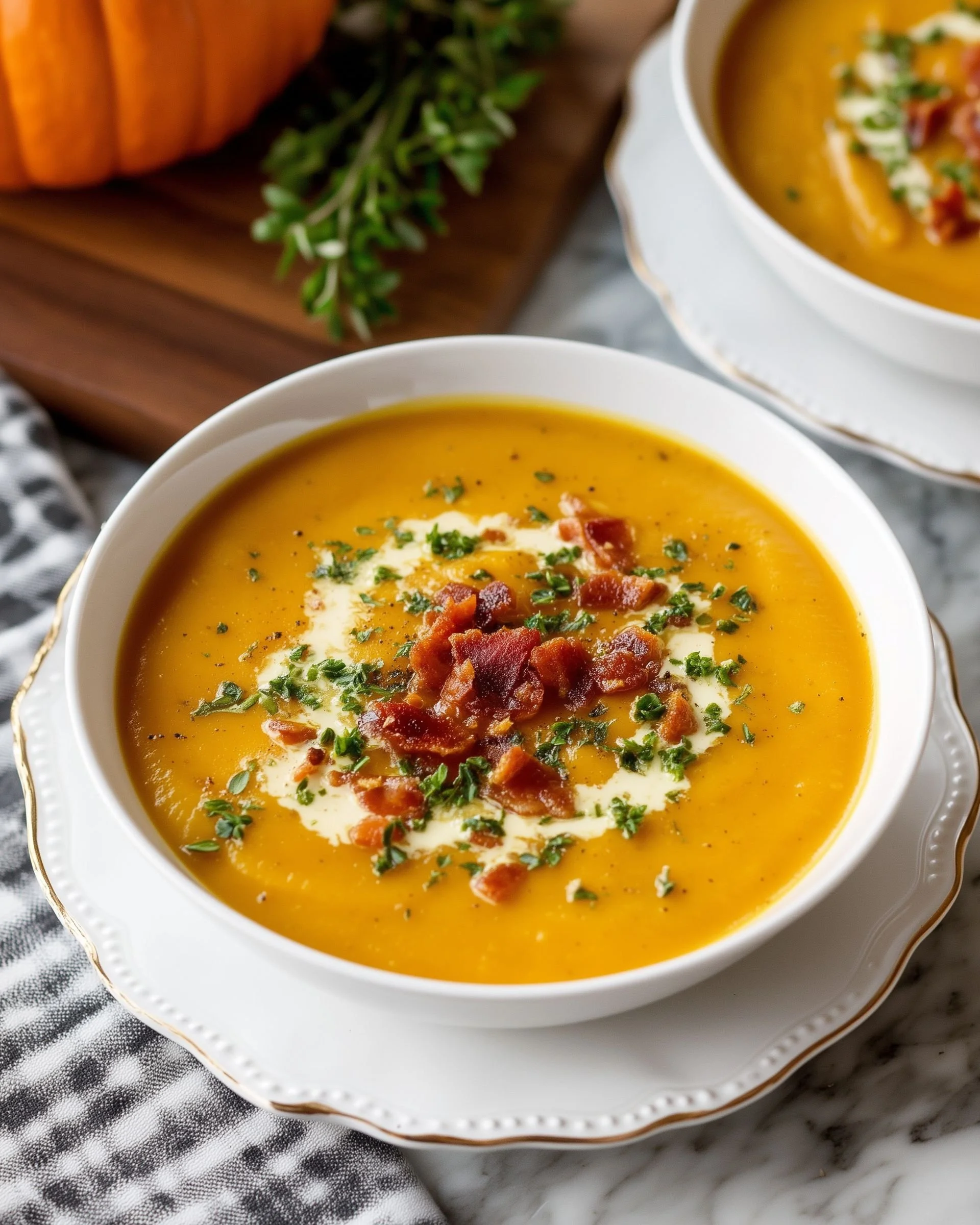 Bowl of creamy butternut squash soup topped with herbs and spices