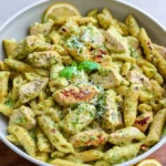 Creamy chicken pesto pasta garnished with fresh basil and parmesan cheese