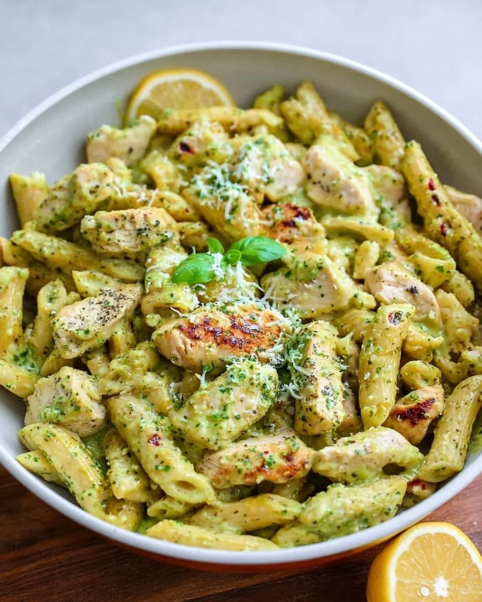 Creamy chicken pesto pasta garnished with fresh basil and parmesan cheese