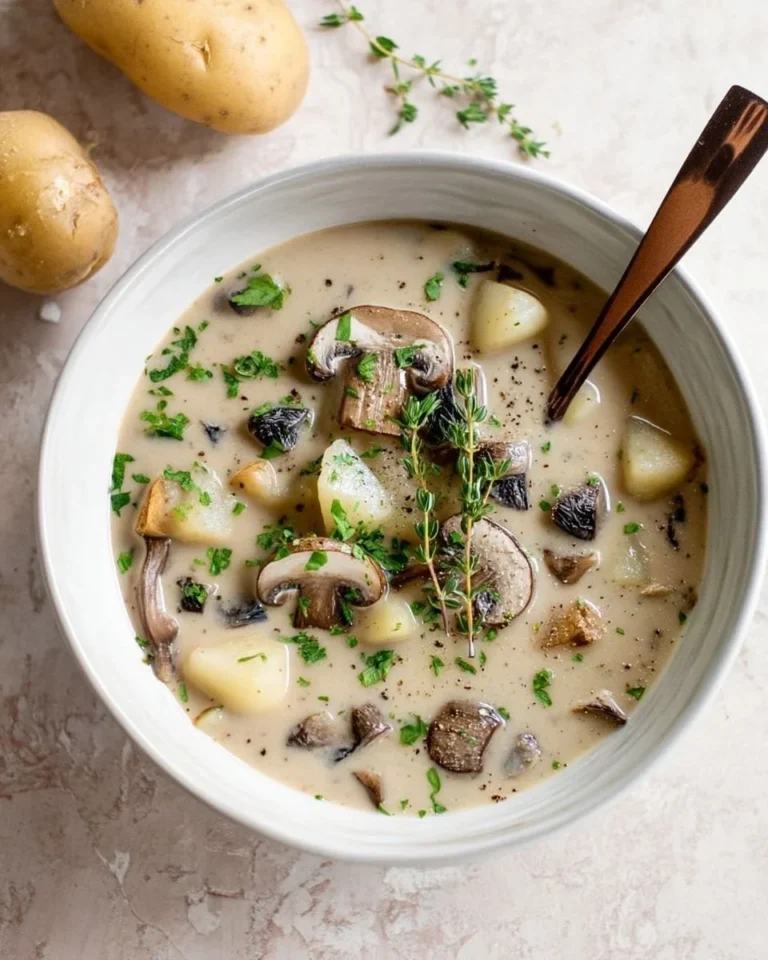 Creamy mushroom and potato soup in a bowl, garnished with herbs.
