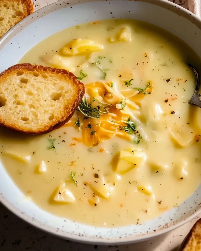 Bowl of creamy Parmesan potato soup topped with herbs and cheese.