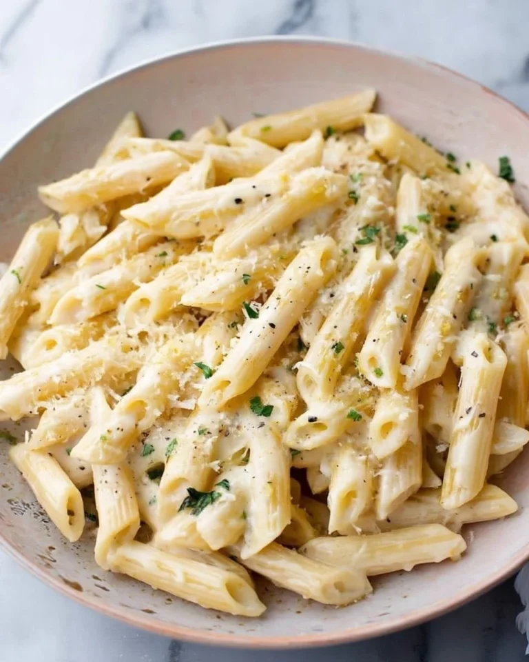 Creamy penne pasta dish with rich sauce and herbs