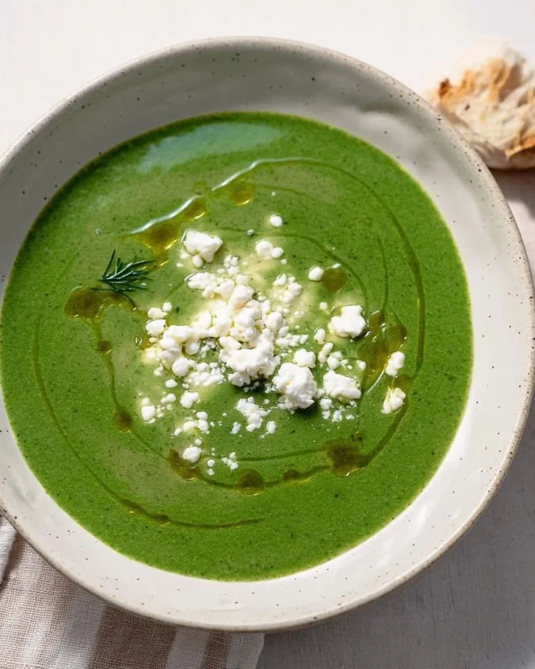 Bowl of creamy spinach and potato soup garnished with herbs