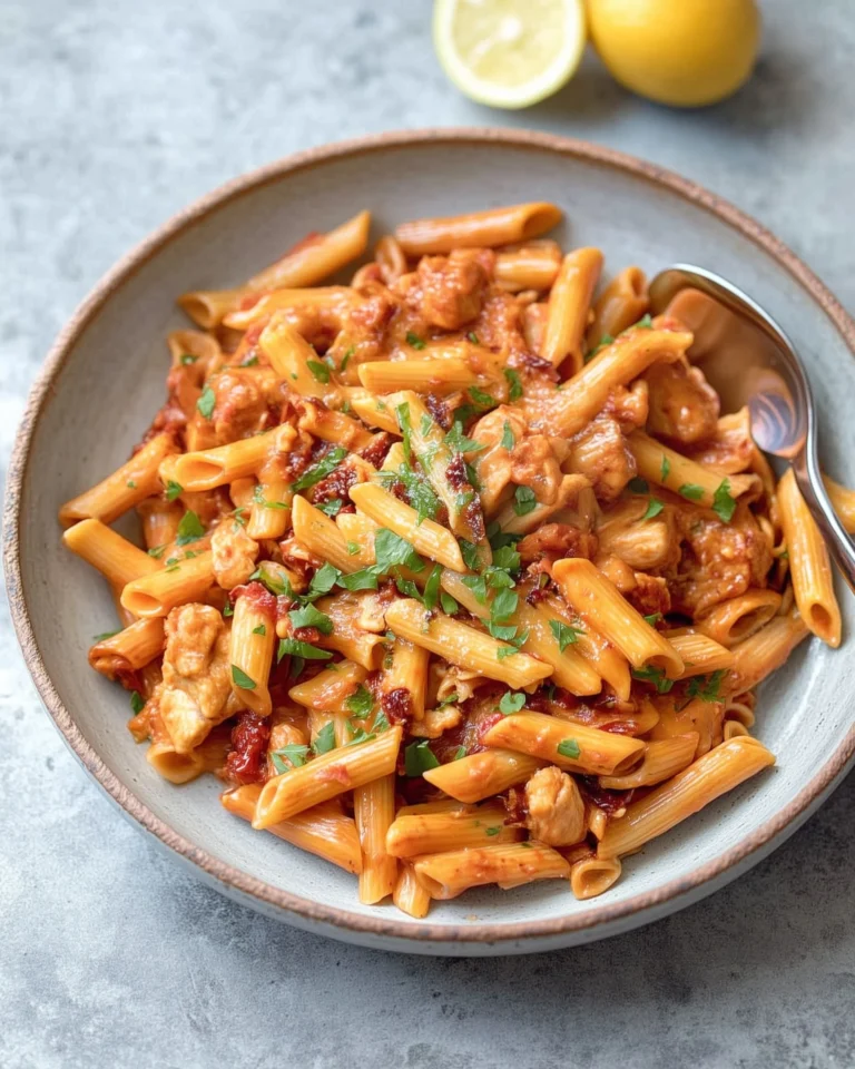 Creamy Sun Dried Tomato Chicken Pasta dish with vibrant tomatoes