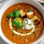 Creamy tomato basil soup garnished with fresh basil leaves in a bowl