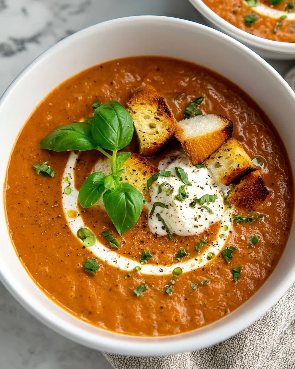Creamy tomato basil soup garnished with fresh basil leaves in a bowl