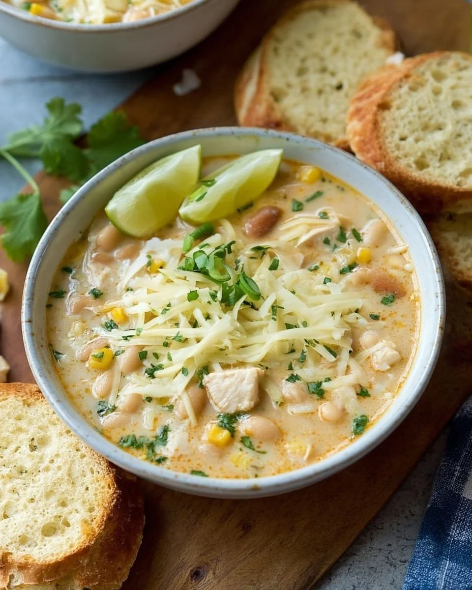 Crockpot Cream Cheese Chicken Chili in a bowl with toppings