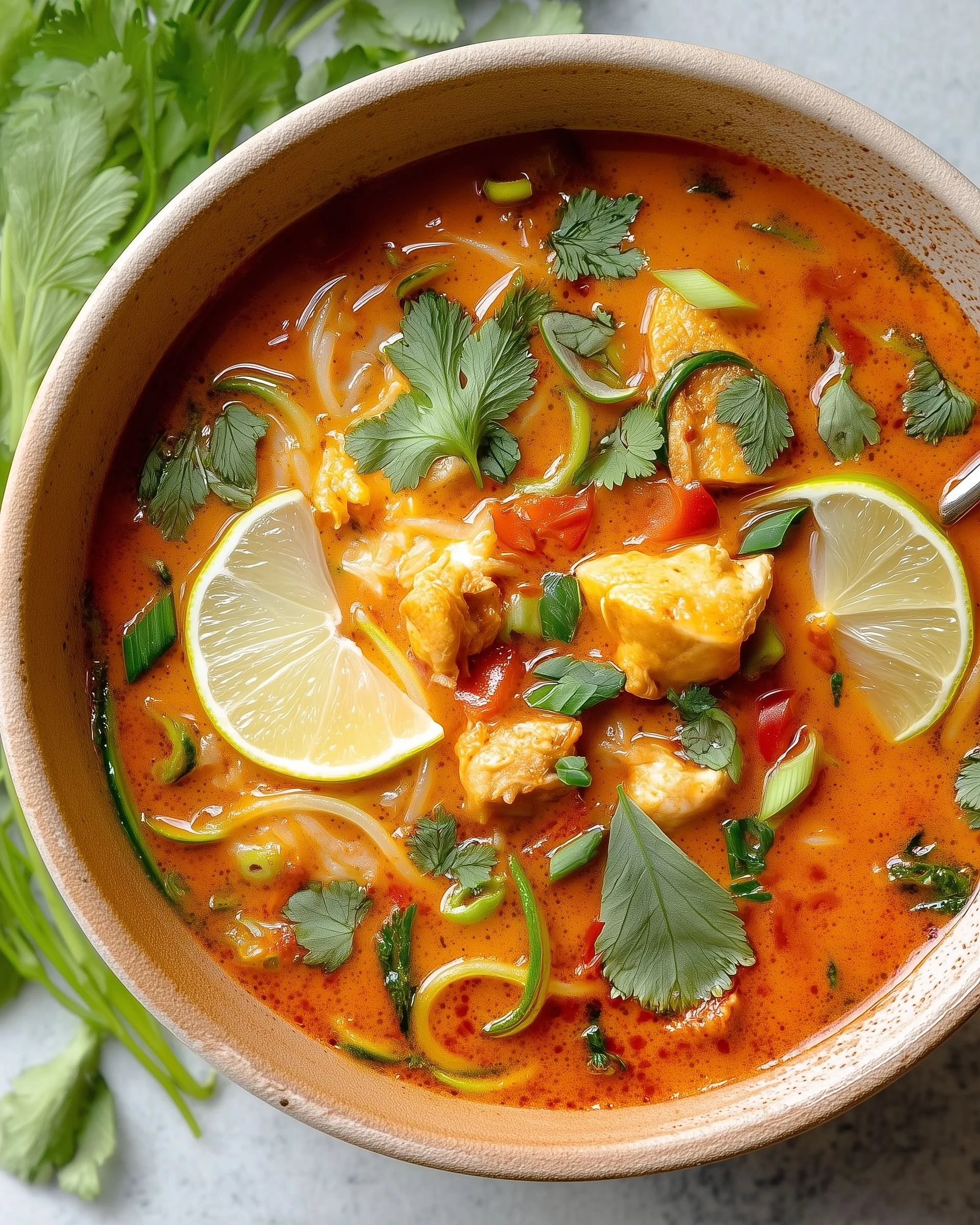 Delicious bowl of Easy Thai Chicken Curry Soup with vibrant vegetables and spices.