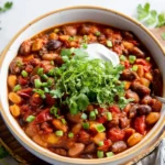 Bowl of easy three bean chili with fresh herbs and toppings