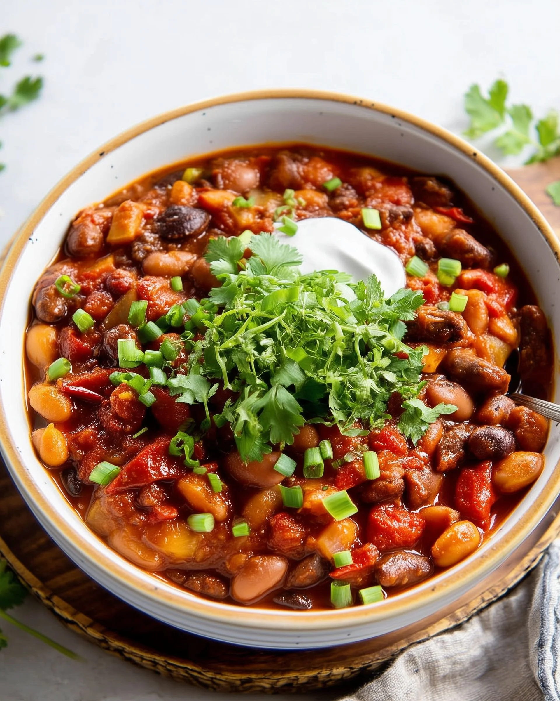 Bowl of easy three bean chili with fresh herbs and toppings