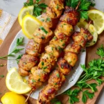 Grilled lemon pepper chicken skewers with vibrant vegetables on a plate.