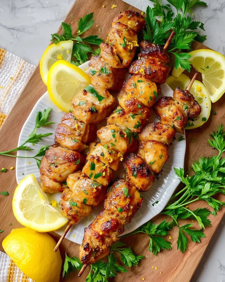 Grilled lemon pepper chicken skewers with vibrant vegetables on a plate.