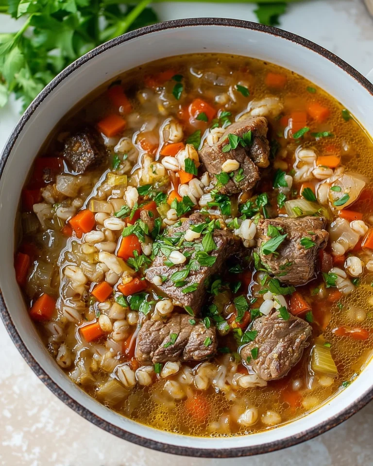 A bowl of ground beef and barley soup garnished with fresh herbs.
