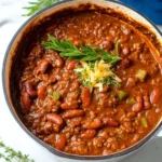 A delicious bowl of hearty chili topped with herbs and served with cornbread