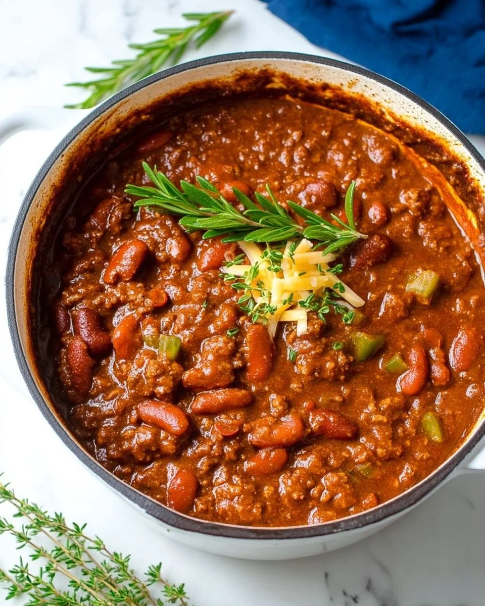 A delicious bowl of hearty chili topped with herbs and served with cornbread