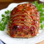 Delicious meatloaf topped with honey glaze served on a plate