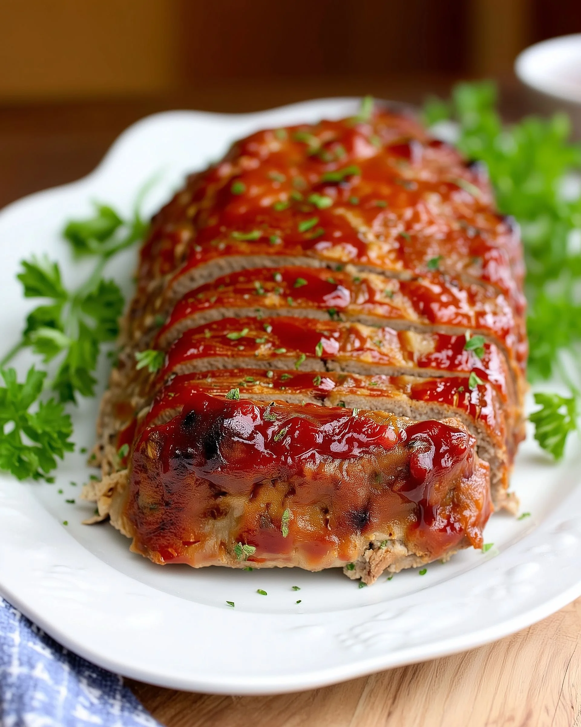 Delicious meatloaf topped with honey glaze served on a plate