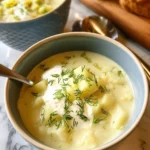 Bowl of creamy Potato Dill Soup garnished with fresh dill and potatoes