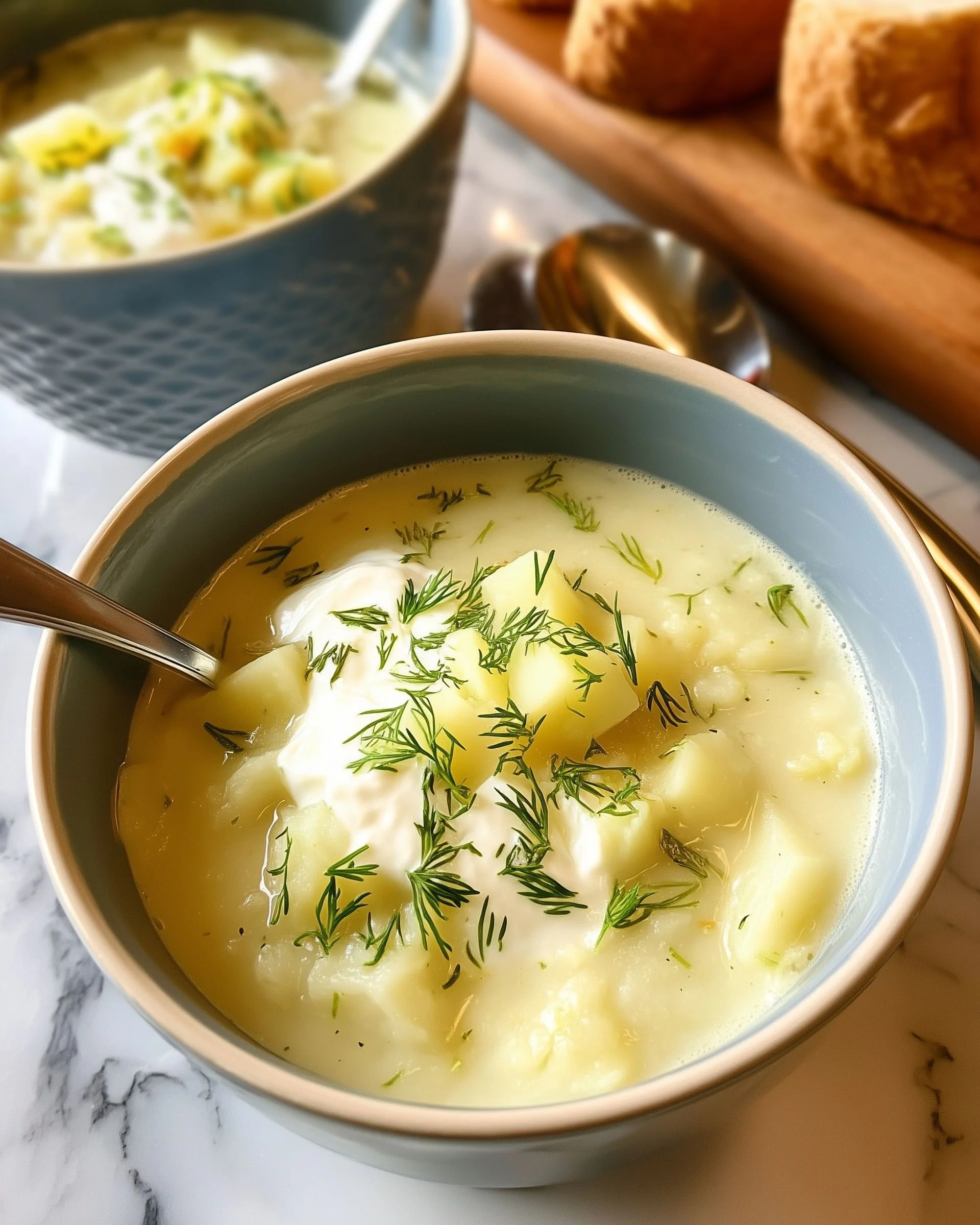 Bowl of creamy Potato Dill Soup garnished with fresh dill and potatoes