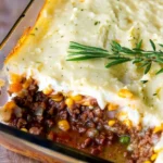Delicious homemade Shepherd's Pie with layers of meat and mashed potatoes