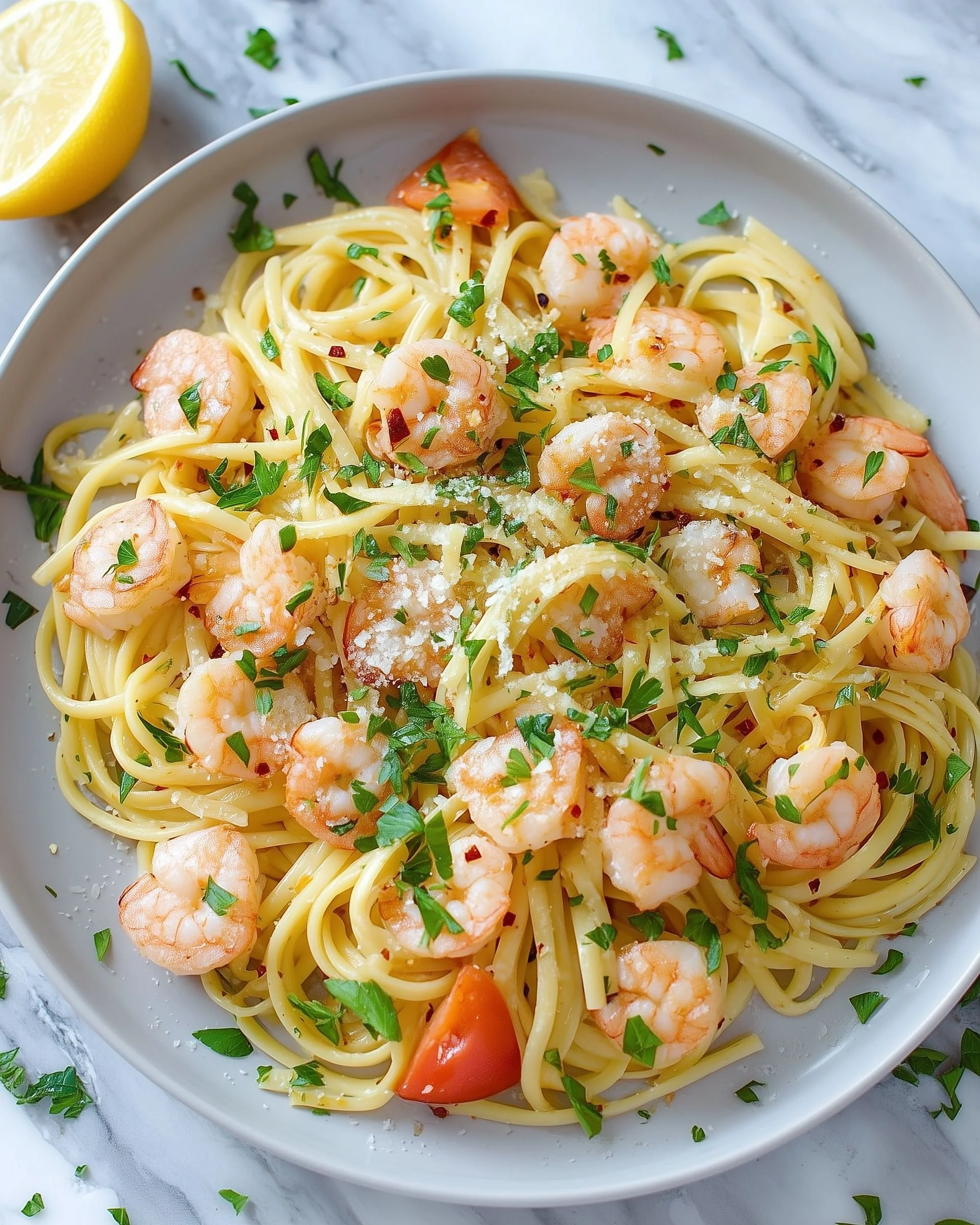 Delicious shrimp linguine pasta topped with parmesan and fresh herbs
