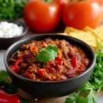 Slow Cooker Chilli Con Carne in a rustic bowl garnished with fresh herbs