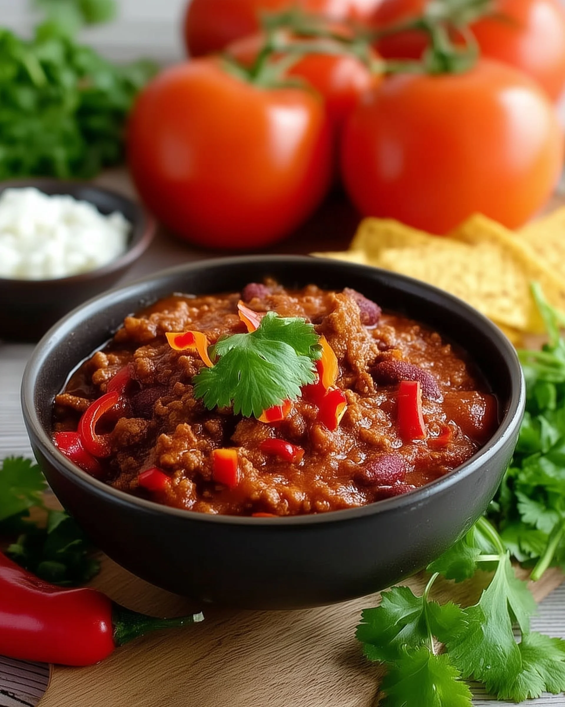 Slow Cooker Chilli Con Carne in a rustic bowl garnished with fresh herbs