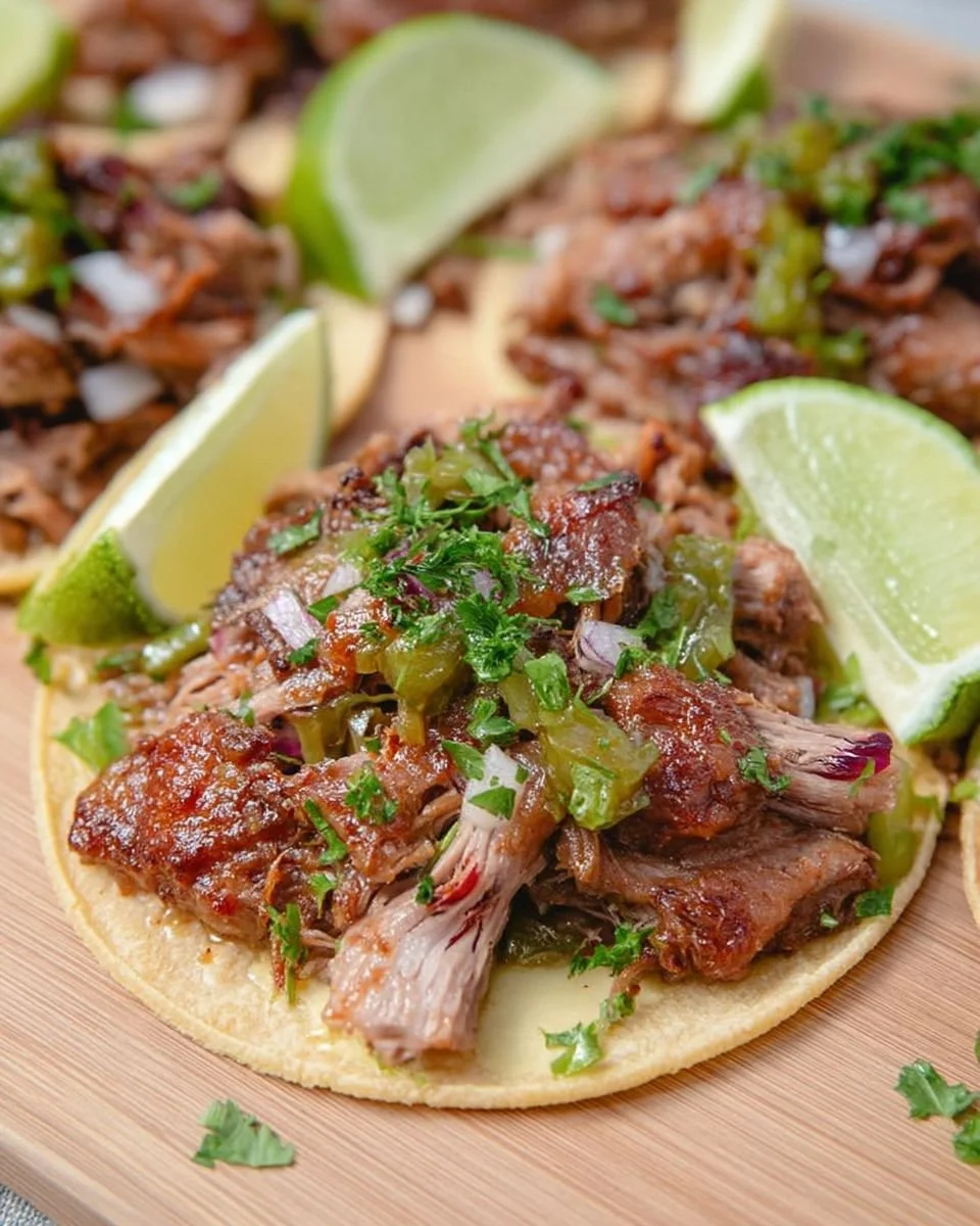 Delicious smoked carnitas tacos topped with fresh cilantro and onions.