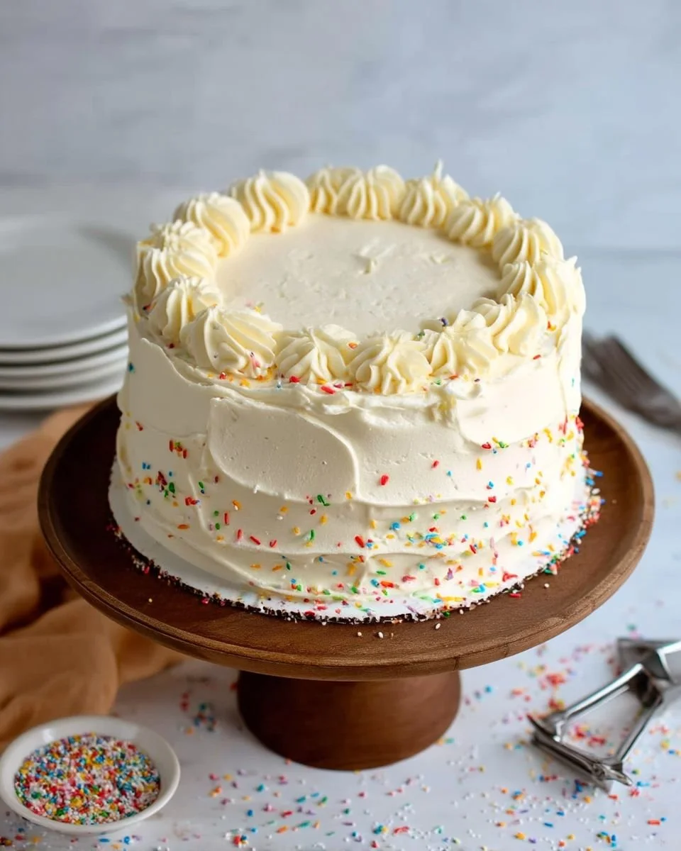Delicious vanilla layer cake with fluffy layers and creamy frosting