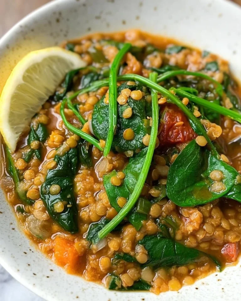 Bowl of vegan red lentil spinach soup topped with fresh herbs