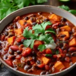 Bowl of vegan sweet potato and black bean chili topped with fresh cilantro