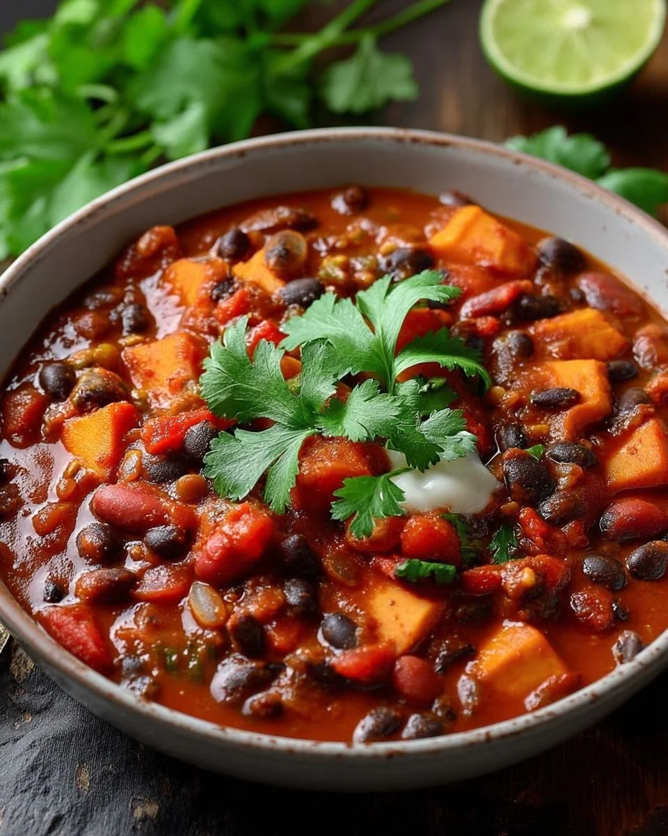 Bowl of vegan sweet potato and black bean chili topped with fresh cilantro