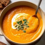 Bowl of butternut squash and sweet potato soup garnished with herbs.