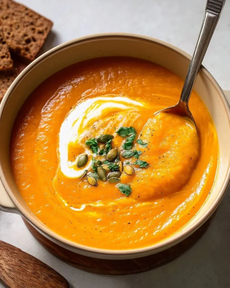 Bowl of butternut squash and sweet potato soup garnished with herbs.