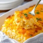 Delicious cheesy hashbrown casserole topped with melted cheese and crispy edges