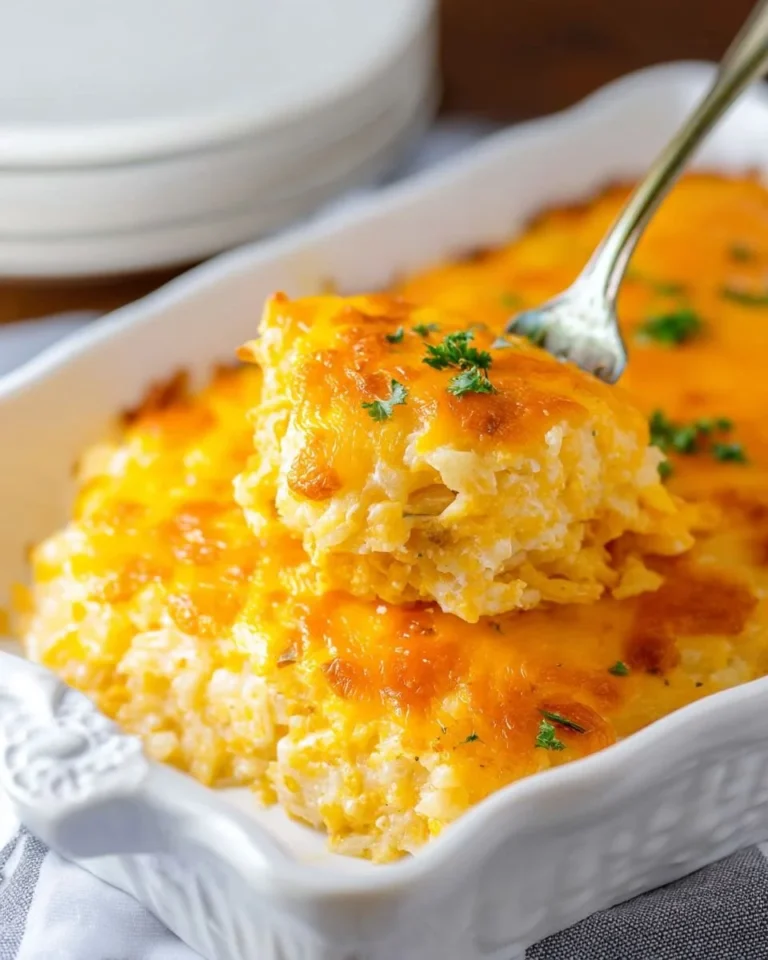 Delicious cheesy hashbrown casserole topped with melted cheese and crispy edges