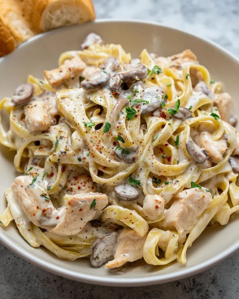 Creamy chicken mushroom pasta dish garnished with parsley and served in a bowl.