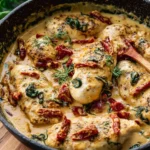 Creamy sun-dried tomato chicken with herbs and spices on a plate