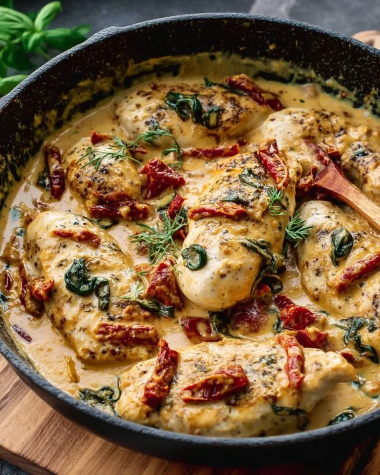 Creamy sun-dried tomato chicken with herbs and spices on a plate