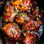 Plate of Crockpot Honey Garlic Chicken garnished with green onions