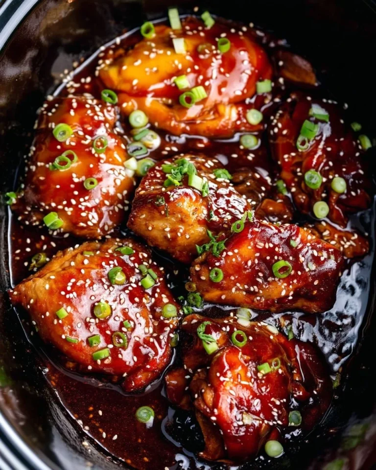 Plate of Crockpot Honey Garlic Chicken garnished with green onions