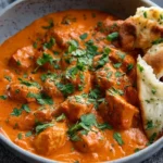 Delicious finger lickin' butter chicken served with rice and naan.